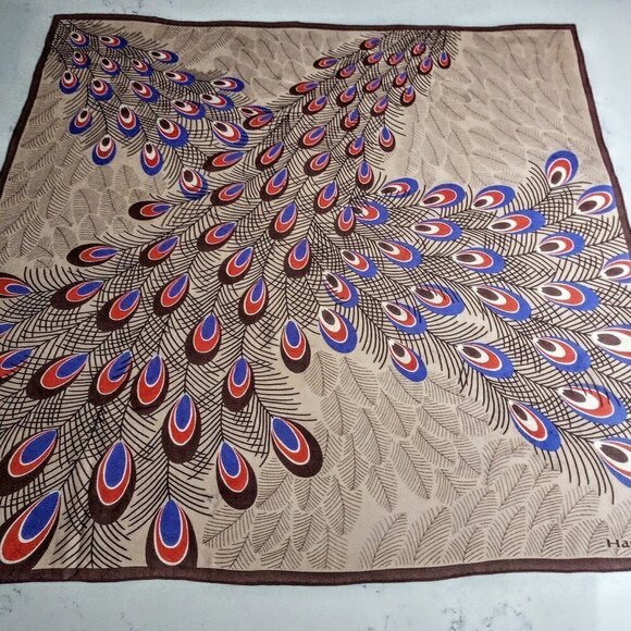 Rare Vintage Hanae Mori Peacock Square Silk Scarf - Picture 1 of 5